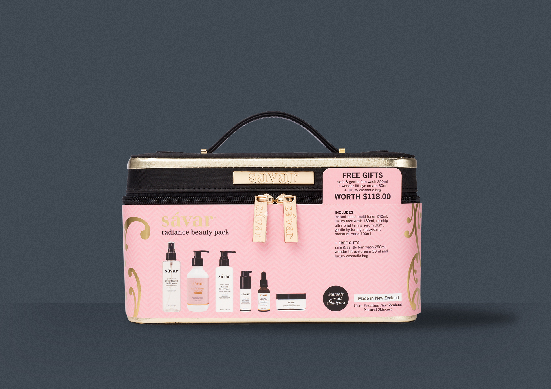 redfire-savar-skincare-packaging-design-gift-pack-marketing-nz Savar_skincare_pack_gift_bag_free_gifts_packaging_design_branding_design_product_page_Graphic_design_agency_redfire